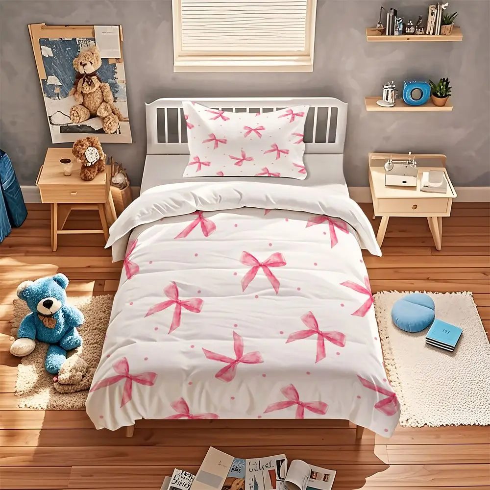 Bowknot Duvet Cover Set Watercolor Polka Dot Print Bedding Set Soft Microfiber Bed Clothes for Girls Bedroom Home Decor