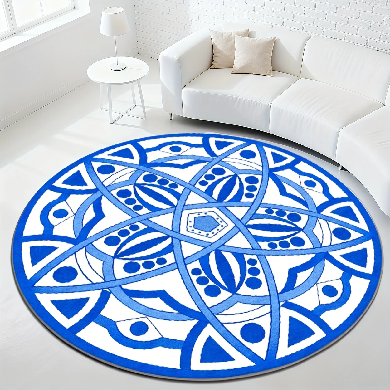 Retro round blue brown geometric concentric ring printed welcome mat for commercial store entrance floor