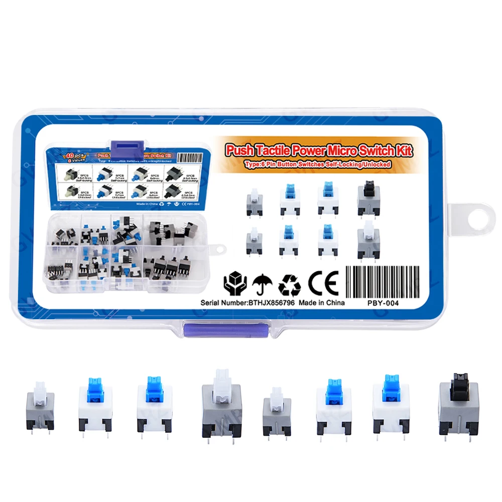 40PCS 8Values Push Tactile Micro Switch Kit 6Pin Self-Locking/Unlocked for Electronics DIY Projects  5.8x5.8/7X7/8X8/8.5x8.5