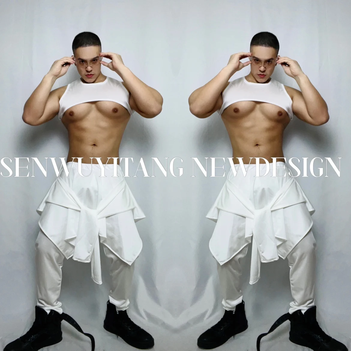 

White Vest+Trouser Skirt 2pcs Costume Party Hip-hop Jazz Gogo Dance Singer Performance Suit Bar Nightclub Men Women Stage Wear