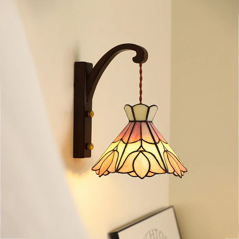 Medieval flower bedroom wall lamp French solid wood retro nostalgic brass decoration ambient lighting