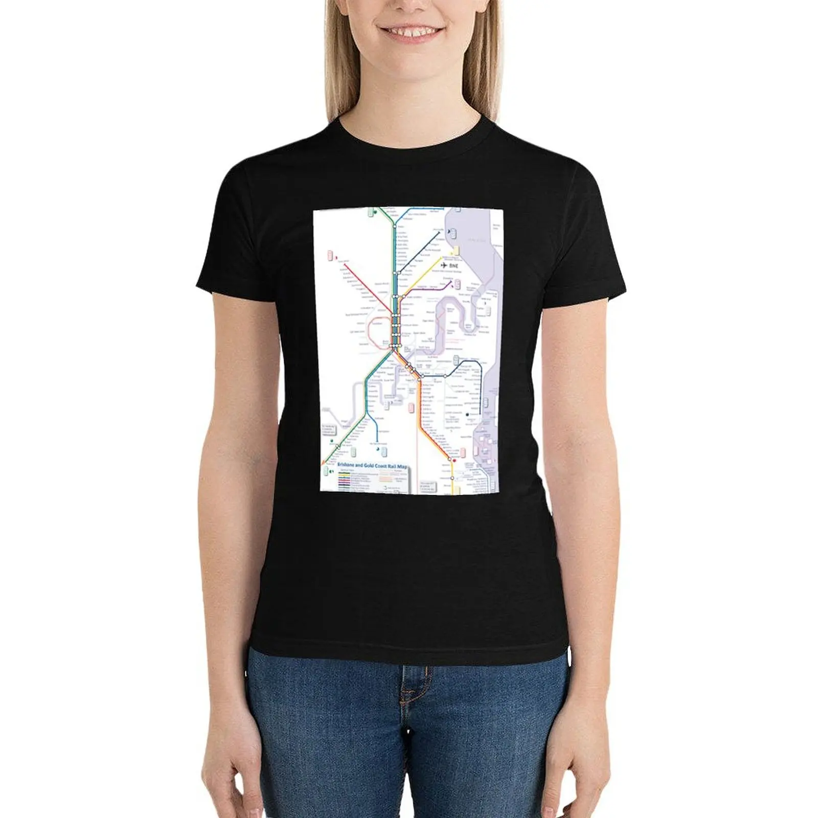 ライオンと金の海岸の列車とバスの地図が付いた女性用Tシャツ,大きいサイズ,夏,アニメの服