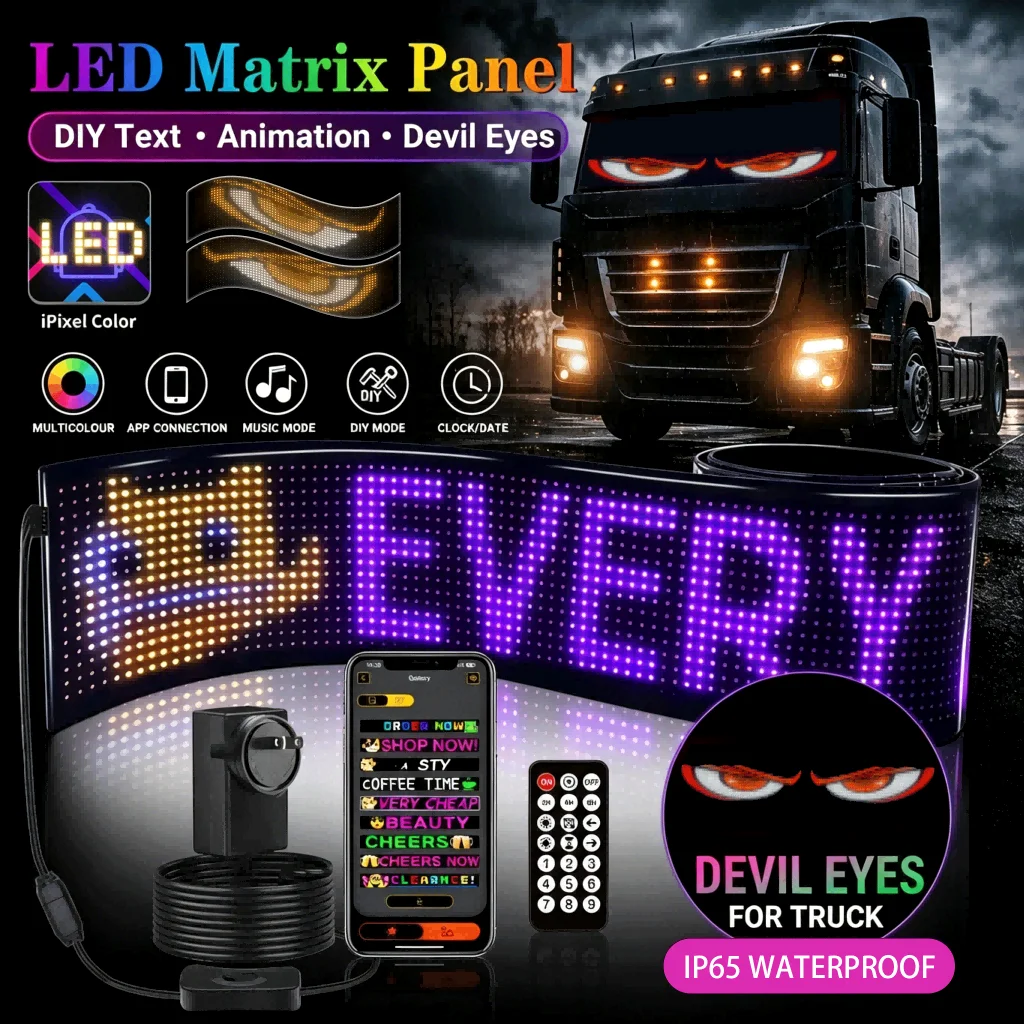 

Dynamic Truck Car Devil Eye LED Pixel Panel Light APP Control Soft Foldable Lighting Scrolling For Board Windshield truck lig