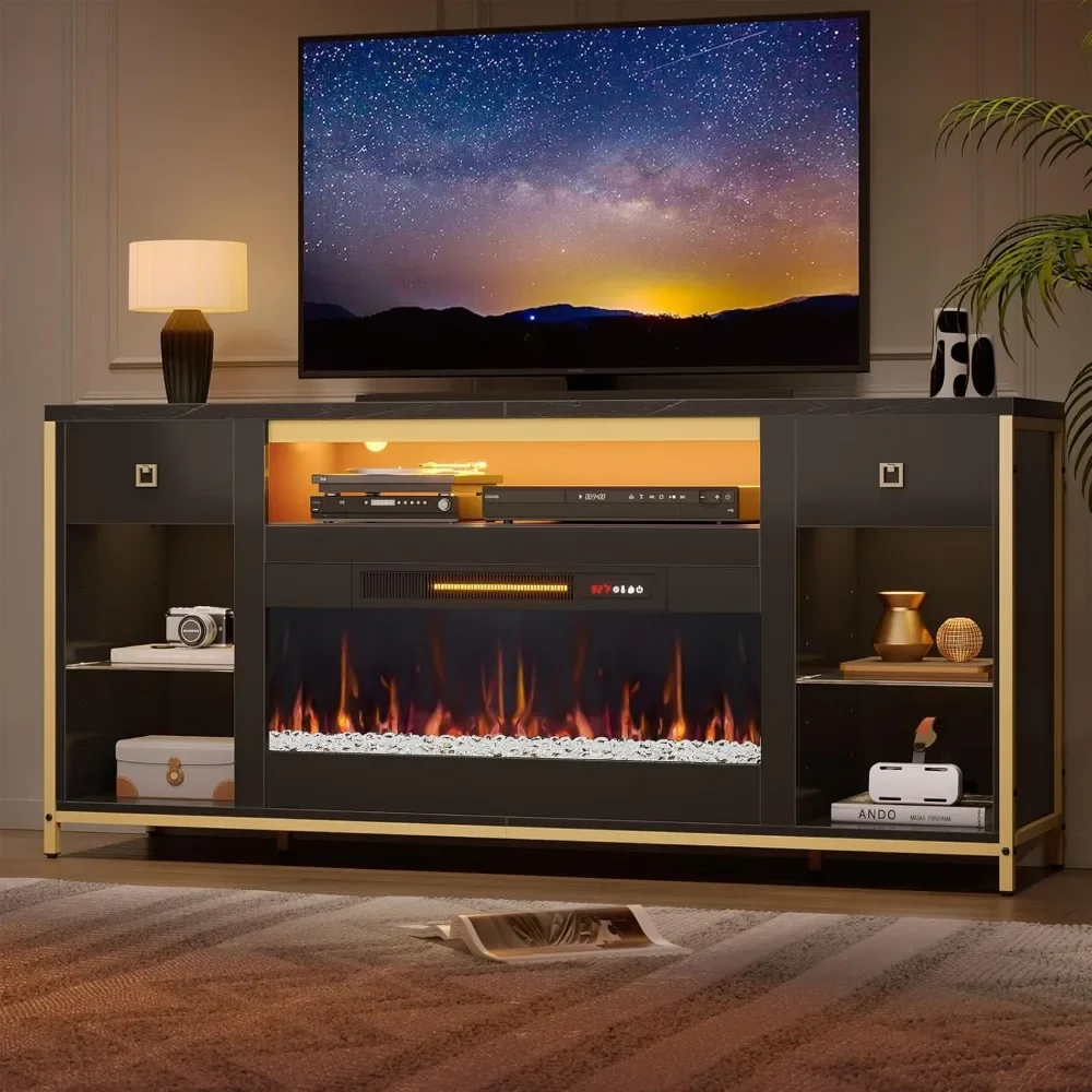 Modern Entertainment Center with Faux Marble Top, LED Media Console with Drawers, Black Marble, TV Stands