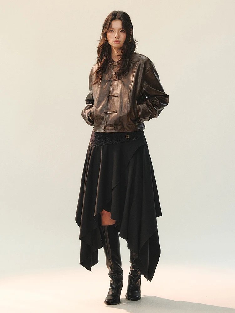 Genetic Design Brown Leather Jaet Women's ort Sle Faded Texture AnnoMundi Casual Faion PU Coat for Young Ladies