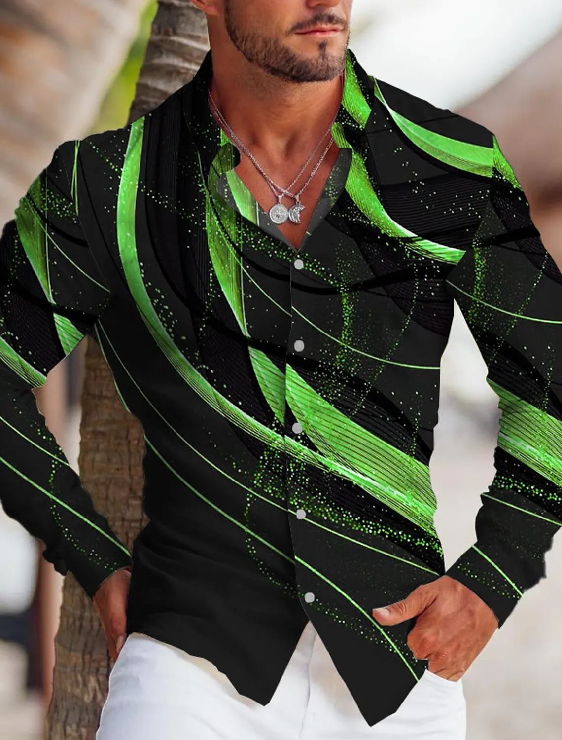 Camisa de manga larga con estampado de solapa lineal para hombre, ropa de calle al aire libre, botón de fiesta a rayas, moda