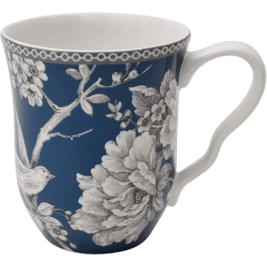 مجموعة أواني طعام من البورسلين باللون الأزرق الداكن مكونة من 16 قطعة من ألياف ألواح مكونة من 4 أطباق ومجموعة أكواب بتصميم الطيور والزهور للاستخدام اليومي #6