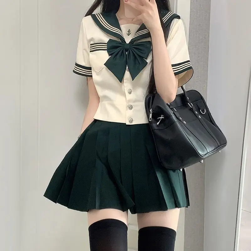 Japan Genuine School Girl Uniform  JK Green Sailor Basic Cartoon Three Lines Sailor Uniform Sets Navy Costume Women Girl Costume