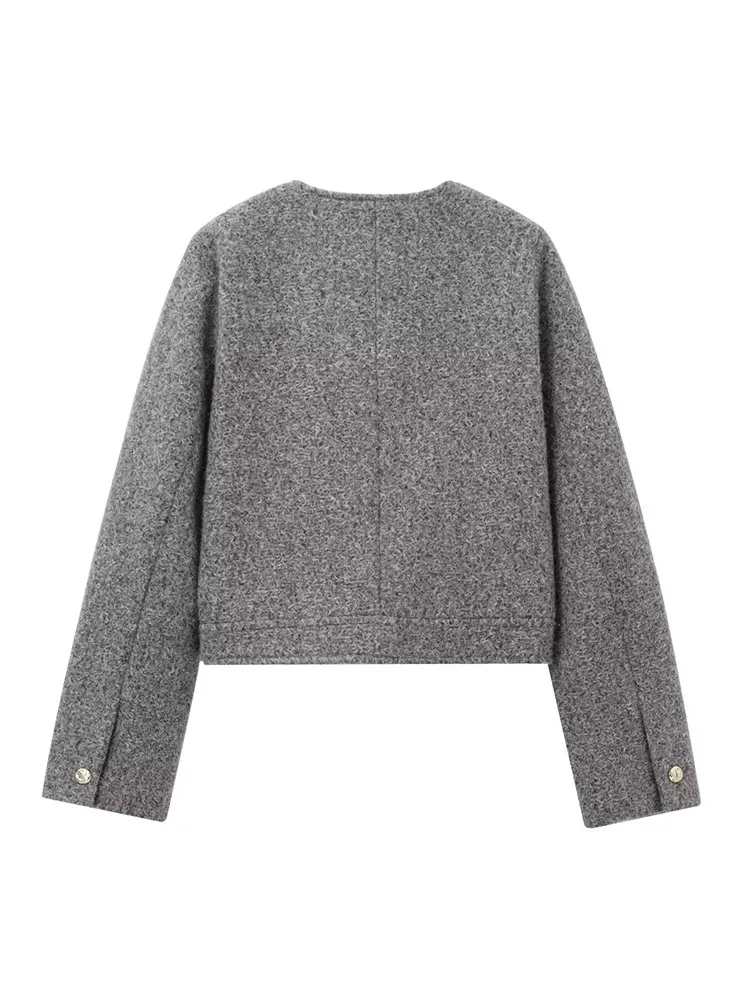 HH mujer invierno cuello redondo manga larga un solo pecho bolsillo botón decoración abrigo corto mujer chaqueta estilo callejero