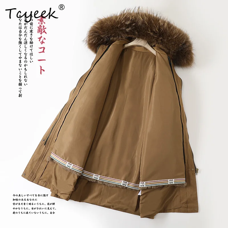 Tcyeek automne hiver détachable col de fourrure de raton laveur loutre fourrure de lapin à capuche couleur Caramel longue femmes Parka manteau de fourrure Veste Femme
