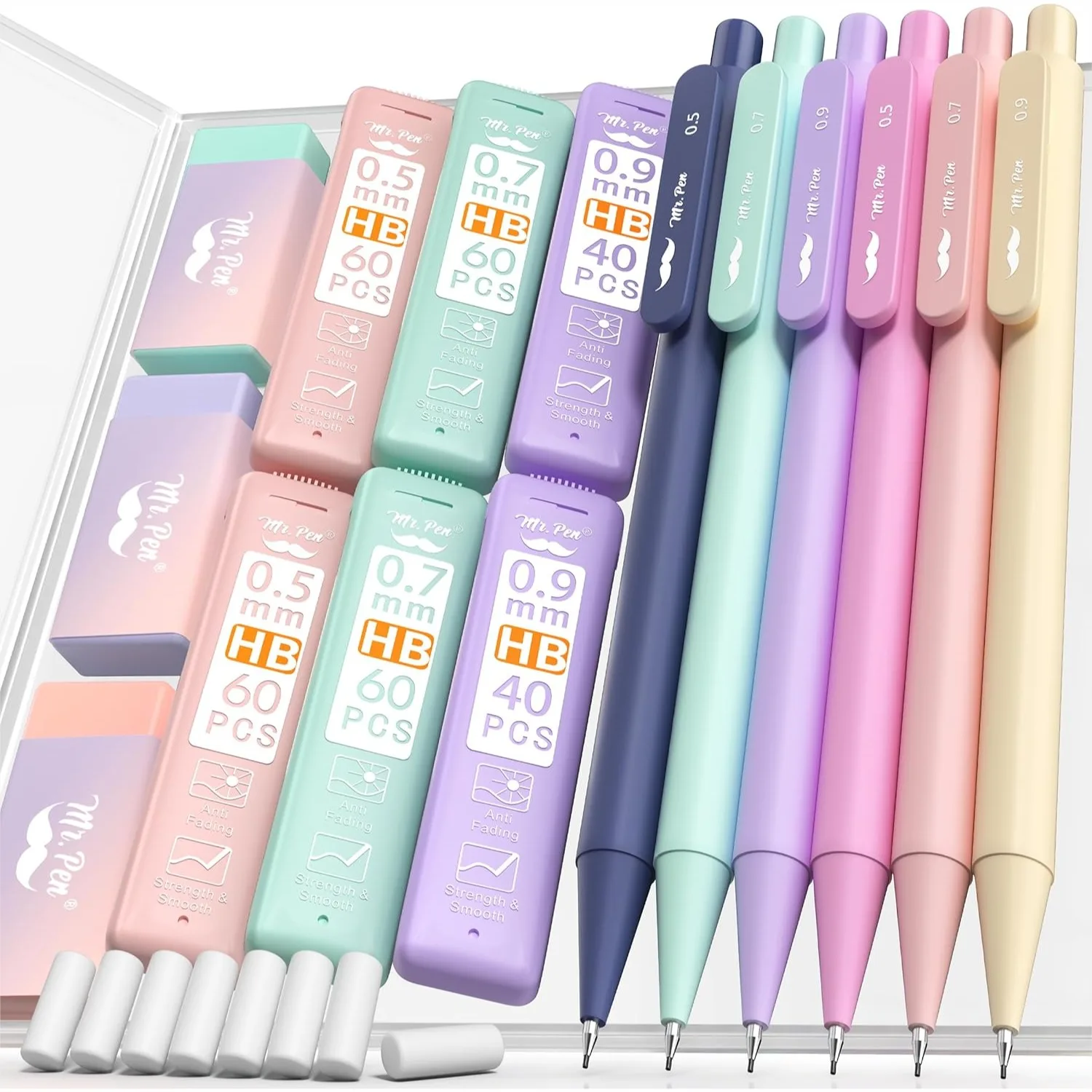

Pastel Mechanical Pencil Set with Lead Refills & Erasers, 6 Pack, 0.5 0.7 & 0.9mm for School, Drawing & Sketching