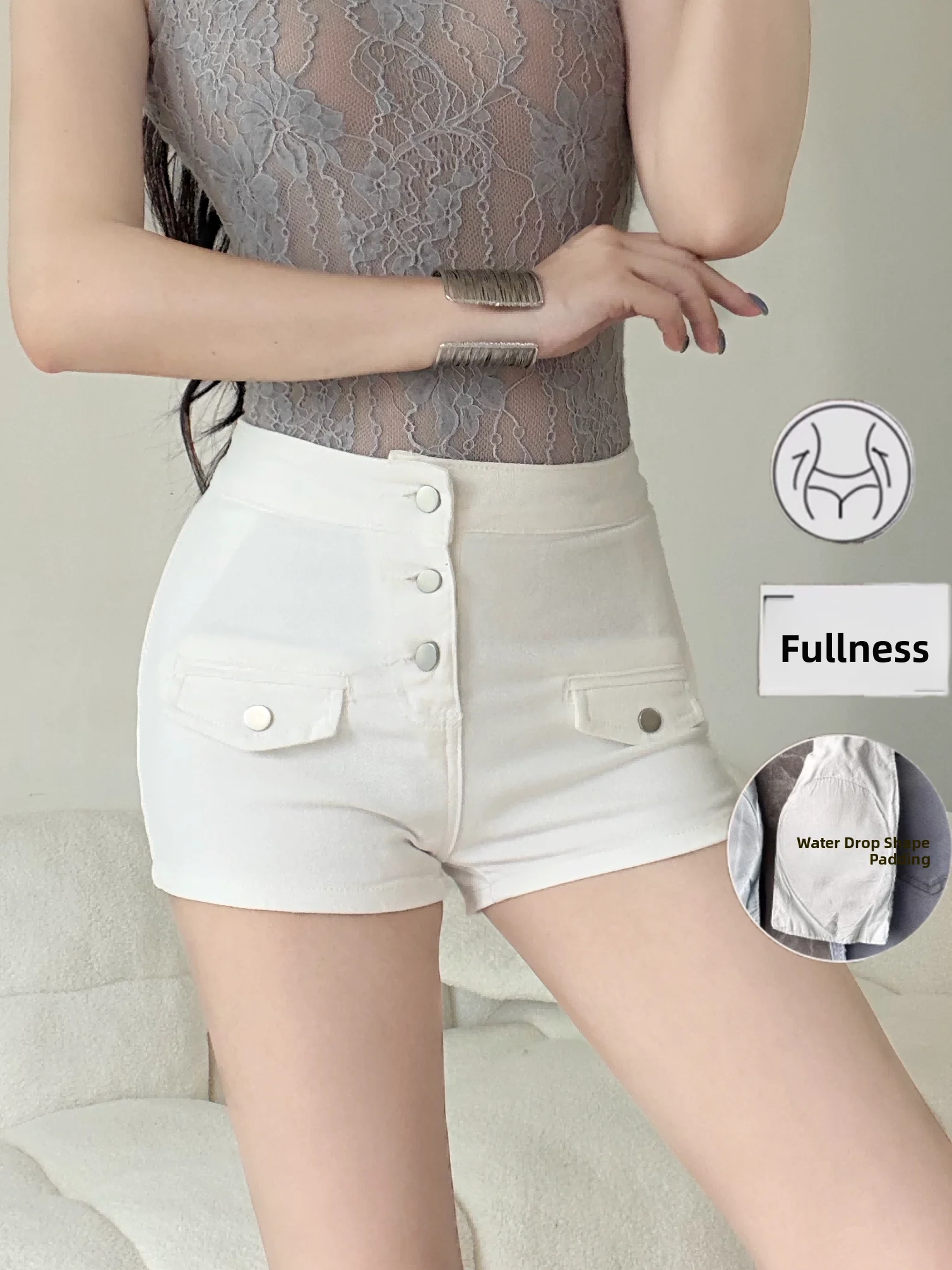 High Waist White Single Button Denim Shorts Women's Summer Fashion Elastic Versatile Tight Butt Enhancing Hot Pants