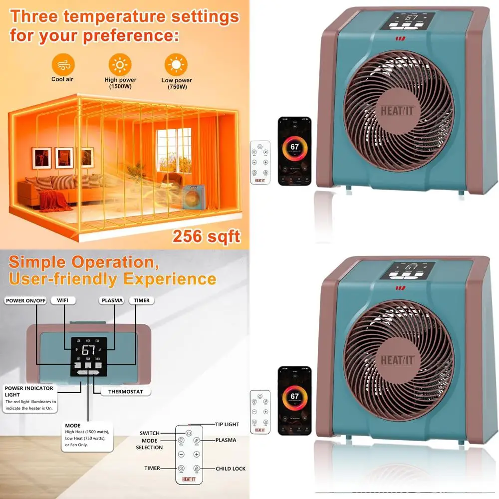 

Indoor Digital Electric Heater with Remote, Thermostat, 1-12H Timer, 1500W/750W, Ideal for Office/Bedroom, Cyan, 10.6 x 7.0 x 11