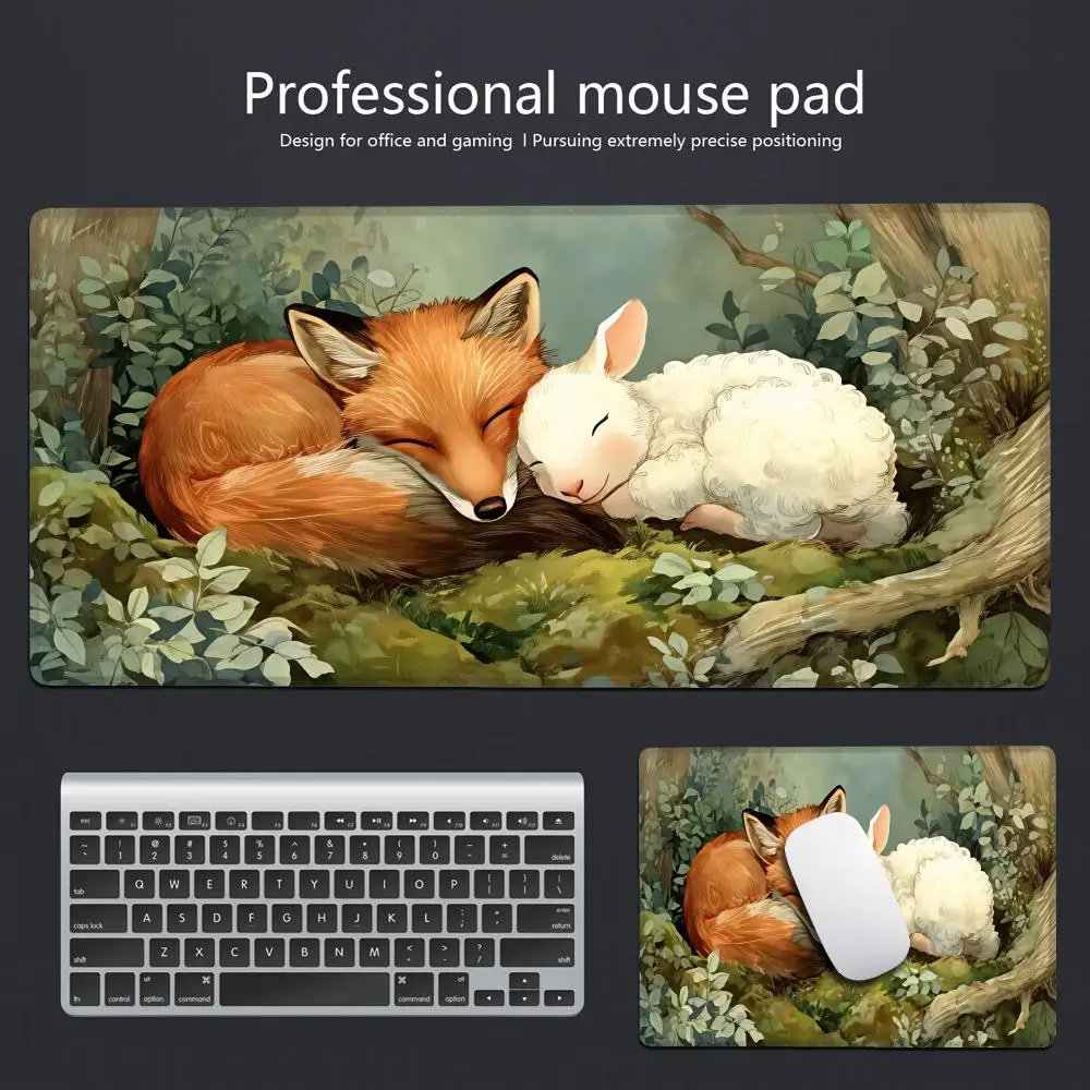 

HYBXAXC Forest Fox & Lamb Desk Mat, Vintage Oil Painting Animals Extended Mouse Pad, Non-Slip Keyboard Pad
