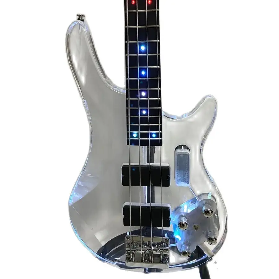 Crystal Acrylic Body 4 String Electric Bass Guitar Active Pickups with LED lights flashing Professional Bass Guitar