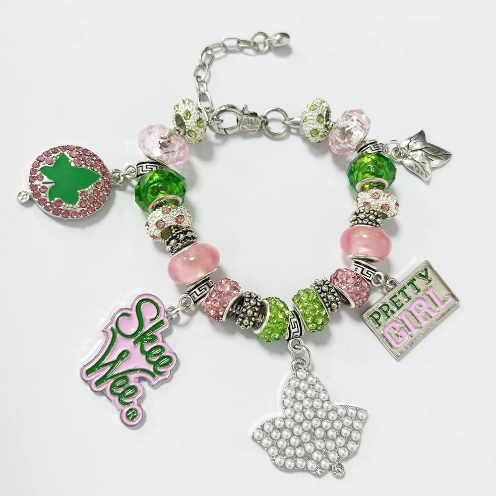 Beautiful pink and green beaded Greek organization society circular letter charm Alpha adjustable bracelet