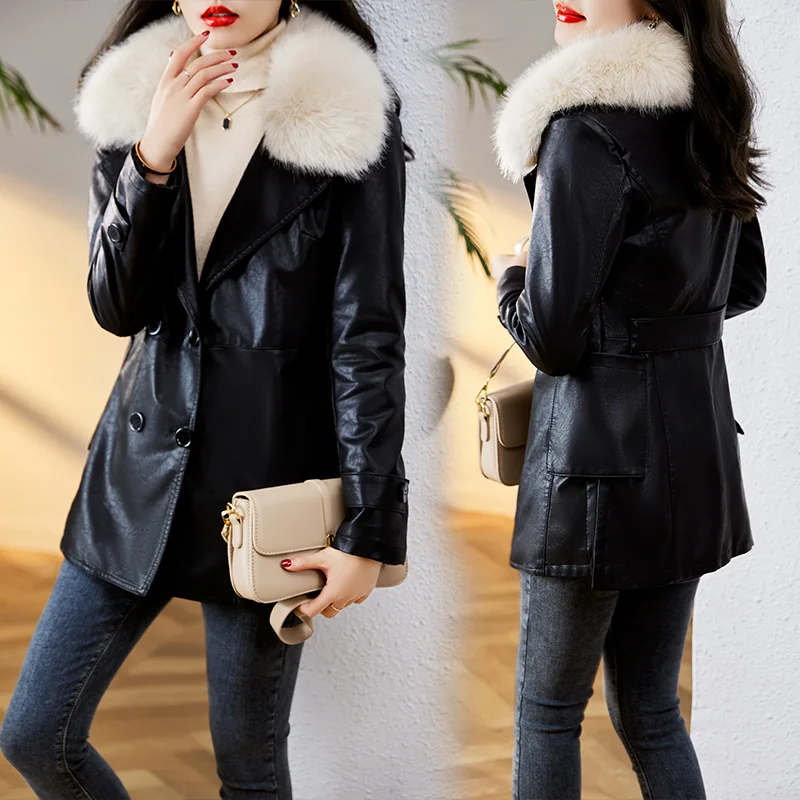2026 Casual PU Leather Jacket Women's Fleece Thick Warm Windbreaker Winter Double-breasted Fur Collar Coat Streetwear Outerwear