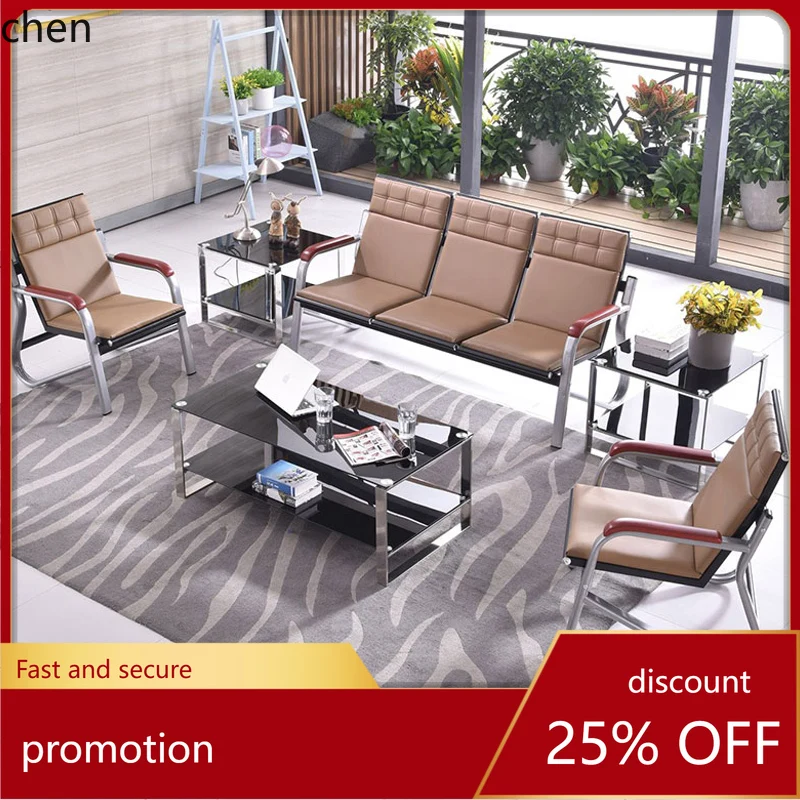 HT Simple Modern Iron Art Sofa Reception Office Three-Seater Sofa with Center Coffee Table Set