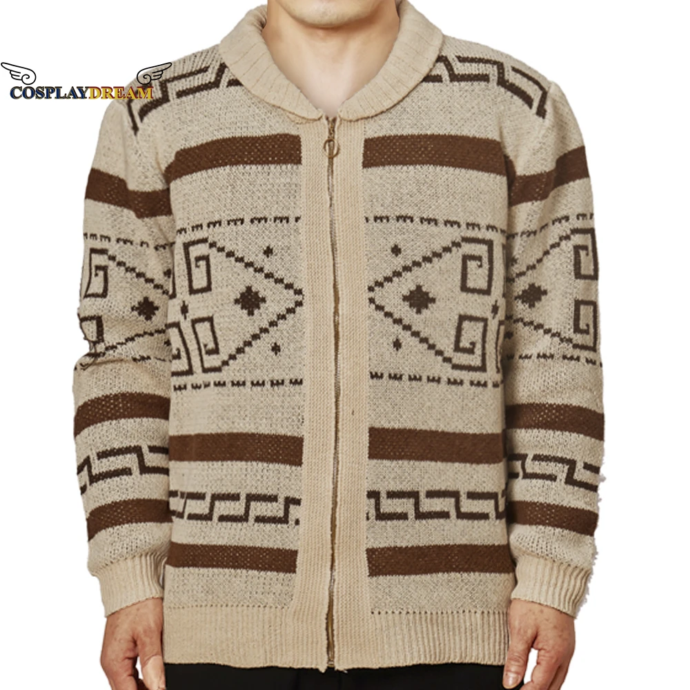 

The Big Lebowski Cosplay Costume Jeffrey Lebowski Jacket The Dude Cosplay Khaki Zipper Cardigan Men's Jacquard Knitted Sweater