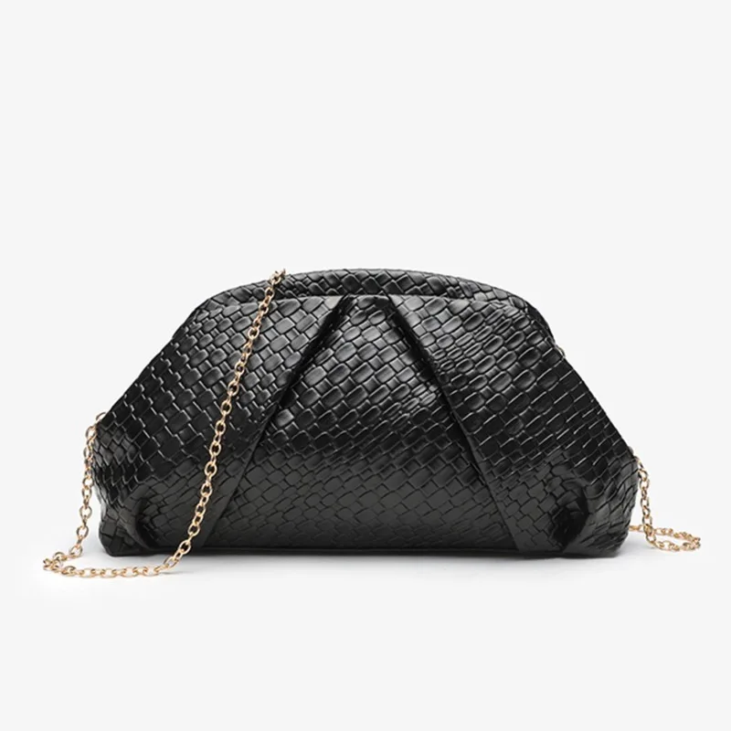 

Fashionable Woven Stone Patterns Clutch Bag for Women 2026 Spring Vintage Formal Dresses Chain Pleated Shoulder Crossbody Bag