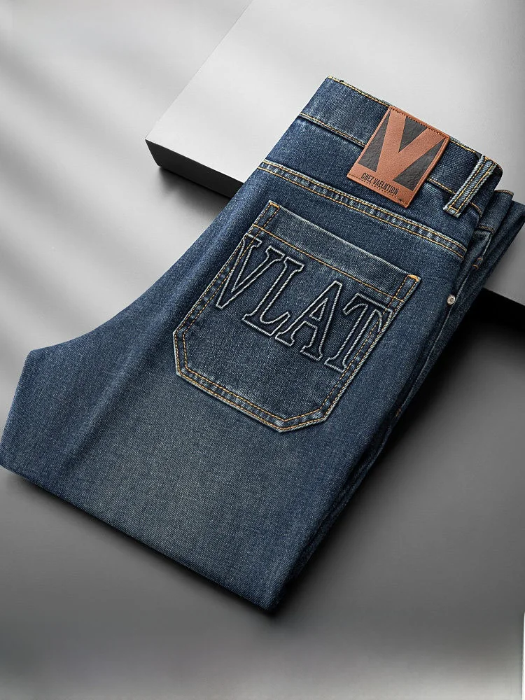 

Blue Embroidered Thi Cotton Denim Jeans Men's Straight Leg Combed Cotton Elastic High End Casual Trousers