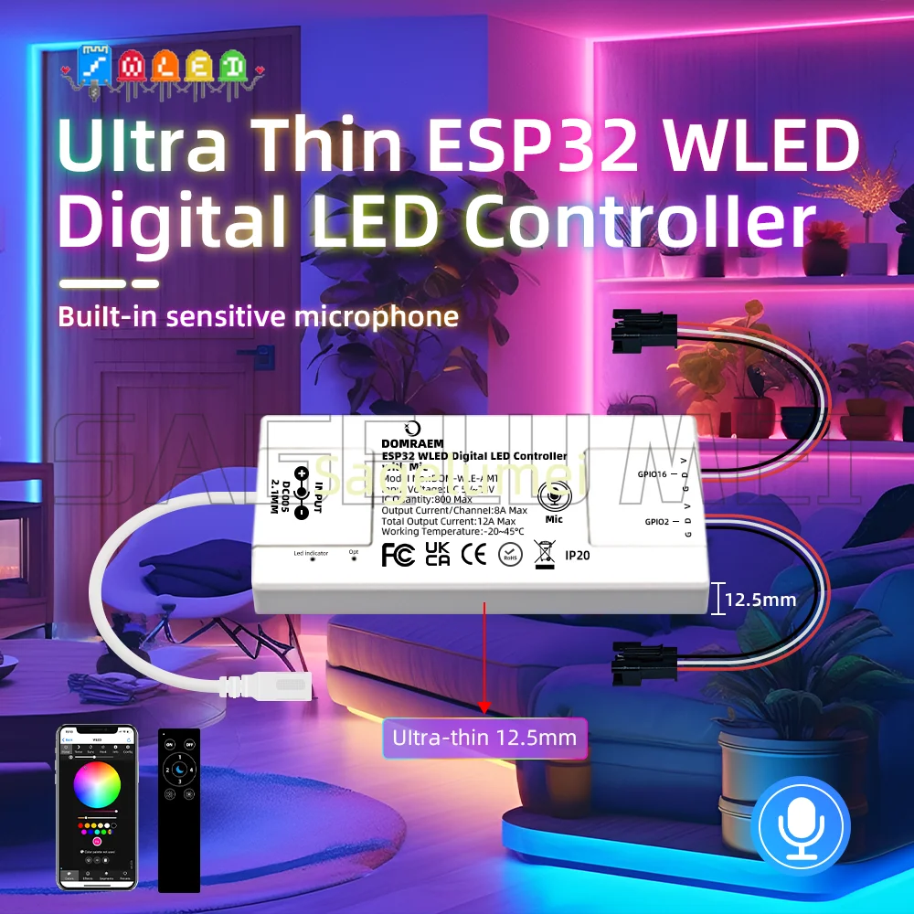 WLED Digital Mic LED Strip Controller Ultra-Thin12AMax 2CH 5-24V Output Drives800 IC DOM WiFi Remote Addressable ESP32 ESP8266