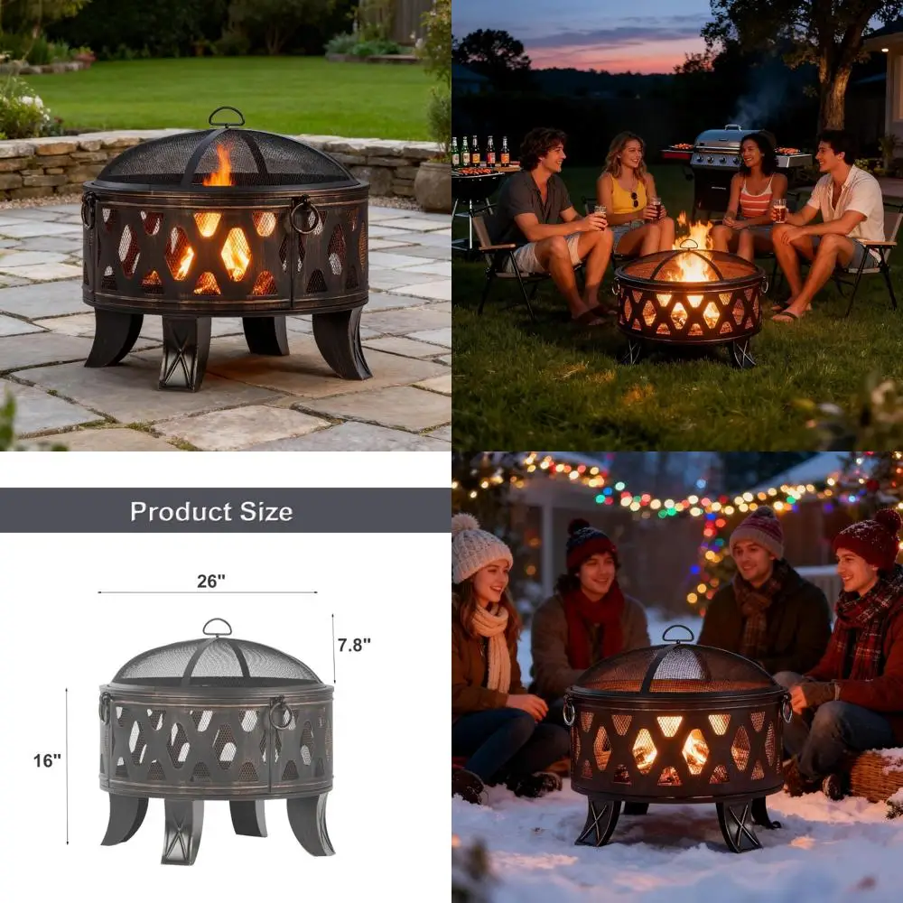 

Outdoor Round Metal Fire Pit with 26 Inch Diameter, Cooking Grill, and Spark Screen for Patio Backyard Bonfire Gatherings