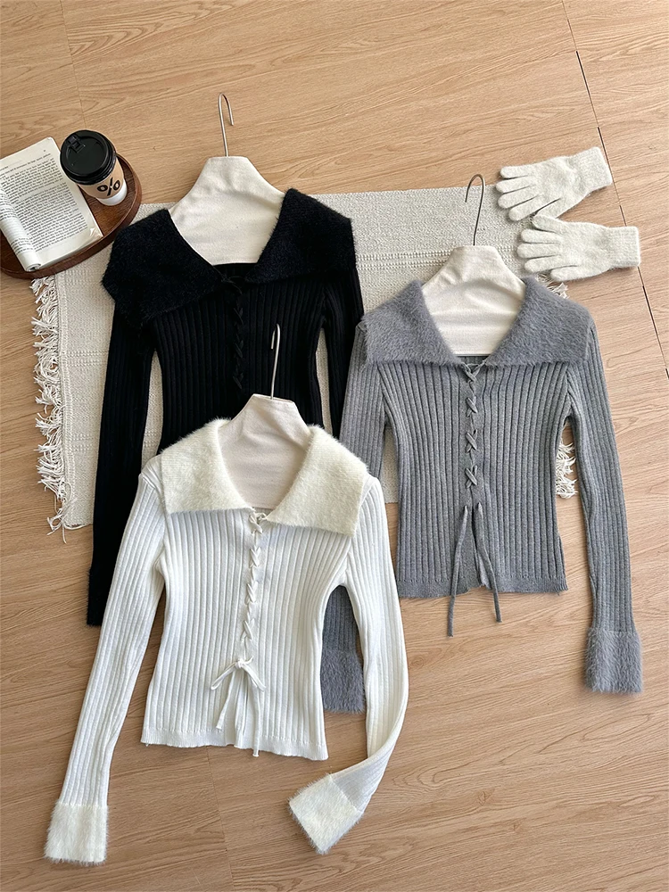Winter Women Old Money Long Sleeve Cuddly Crop Sweater Coquette Korean Fashion Jerseys Jumper Coquette Pullovers Gyaru Knitwears