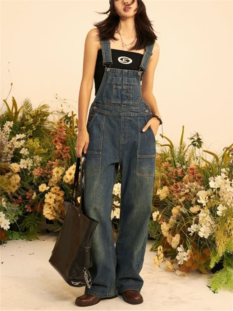 Frauen weites Bein Mädchen Hosenträger Overalls Hosen lässig blau Overalls Mode weibliche Streetwear Stram pler gerade Jeans hose