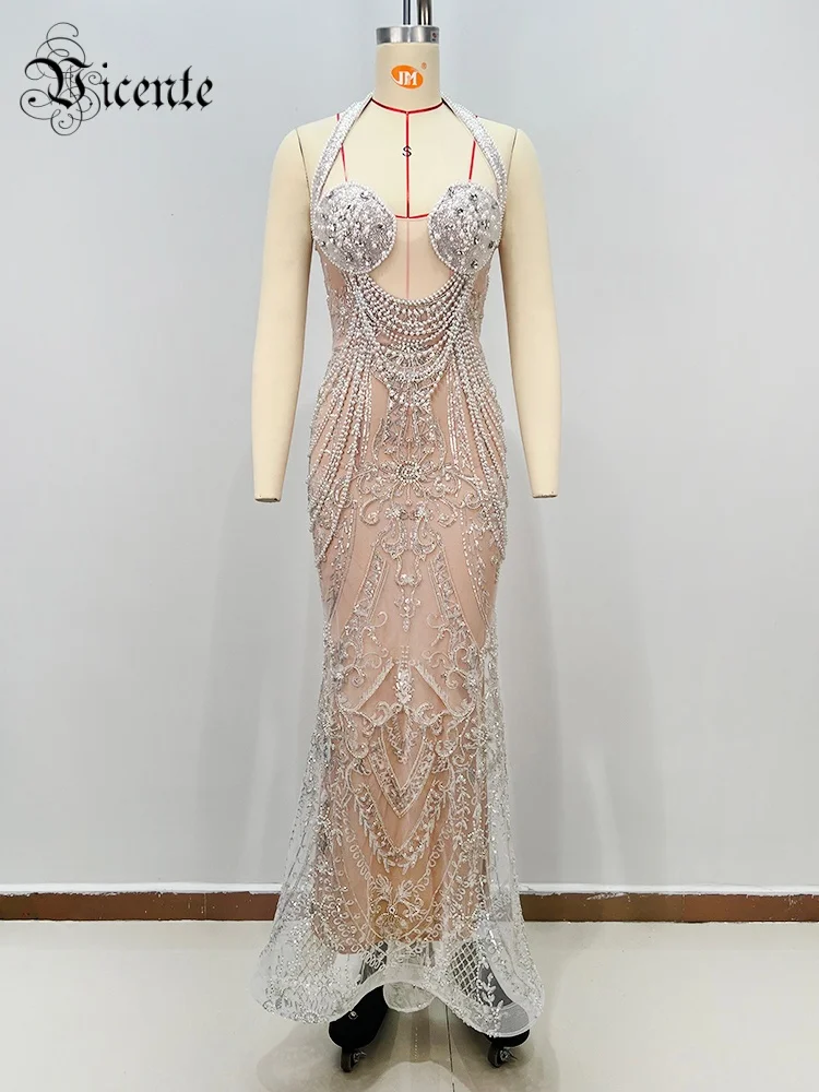 VC Opulent Crystal Beaded Sheer Mesh Halter Backless Mermaid Dress for Fashion Galas Evening Gown