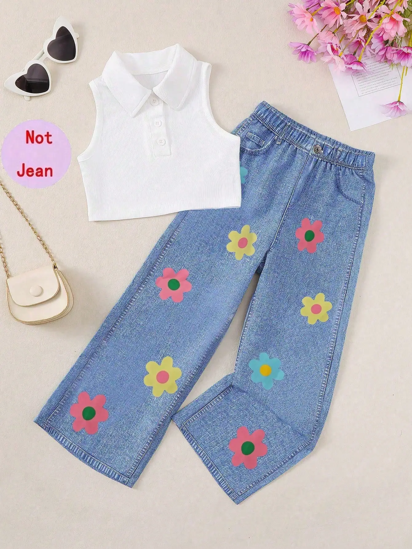 Young Girl\'s Solid Color Casual Vest Top With Denim Look Flower Print Pants, Summer