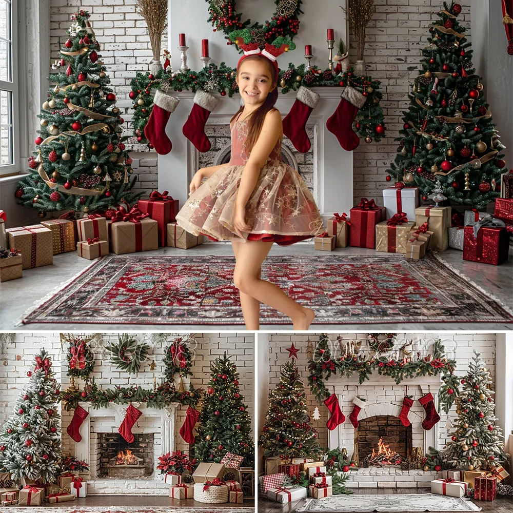 

Christmas Photography Backdrop Christmas Fireplace Stockings Presents White Brick Wall Decor Background Photo Studio Photocall