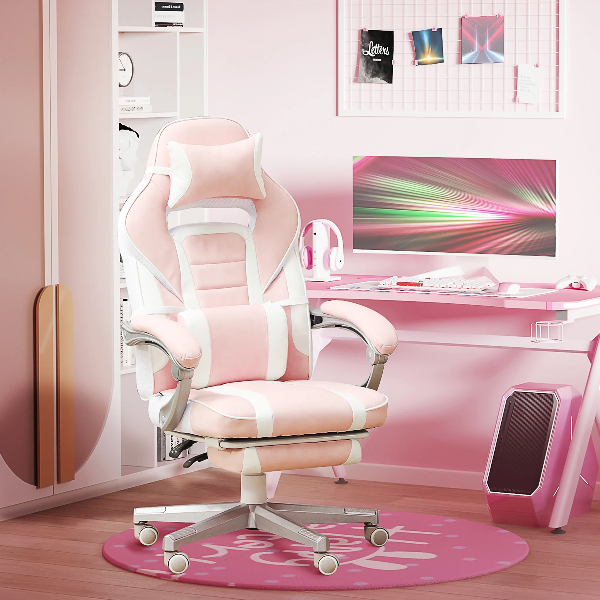 Gaming-Stuhl mit Fußstütze, 150 °   Liegeposition, höhenverstellbar 48-55,5 cm, Lenden- und Kopfstütze, Pink