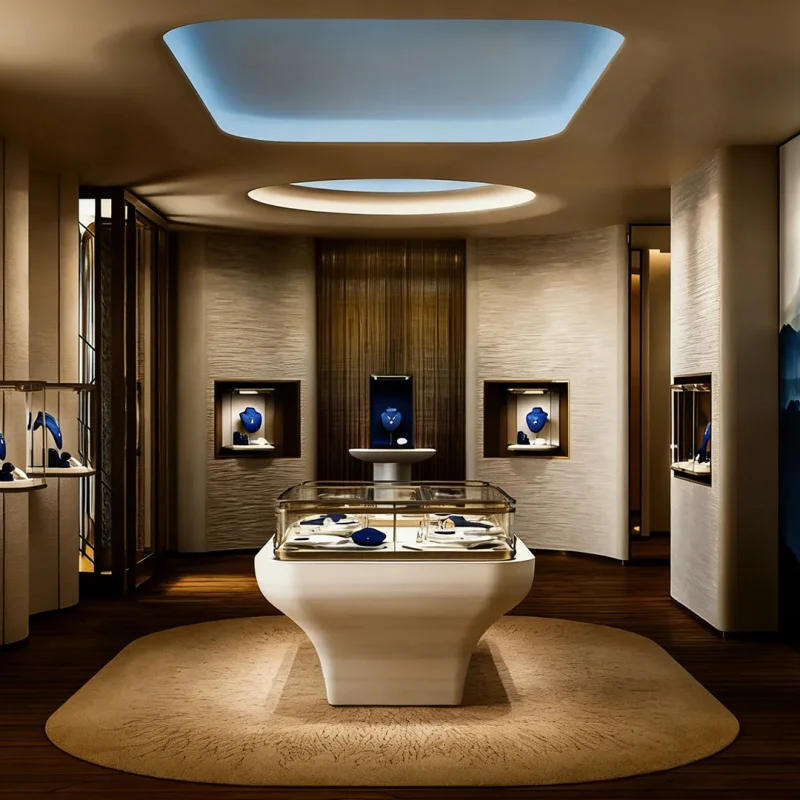

custom.Material Harmony Modern Refined Jewelry Boutique LED Beige Textured Walls Dark Wood Accents Recessed Display