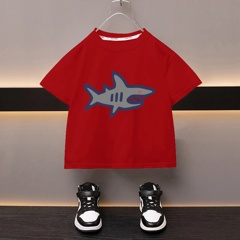 Summer Boys and Girls T-shirt  Wear Baby Sports Tees Toddler Cartoon Shark Simple T Thin Pure Cotton Soft Crew Neck Pullovers