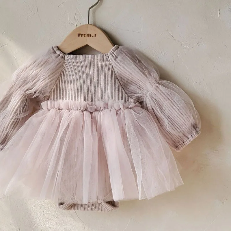 2024 New Autumn Infant Baby Girls Jumpsuit Cotton Newborn Baby Girls Mesh Splicing Princess Dress Bodysuits Children Clothes