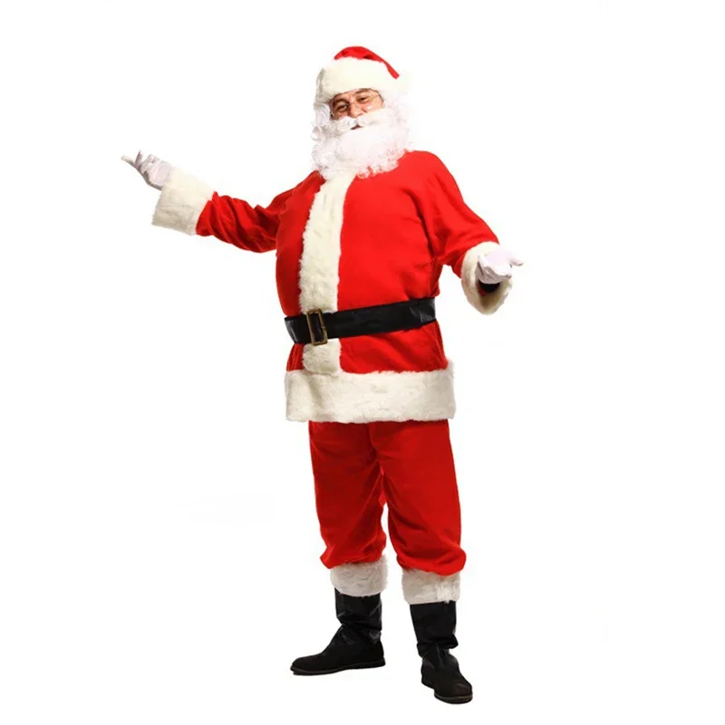Nuevo vestido rojo de lujo de terciopelo, disfraz de fiesta para hombre, traje de Navidad de Papá Noel, disfraz de Cosplay de Navidad de gran tamaño para adulto