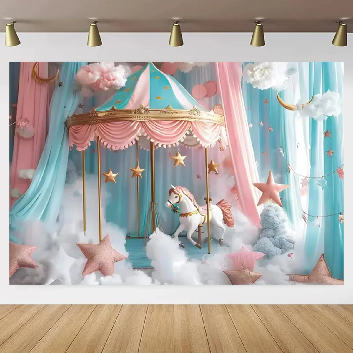 Dreamy Circus Carousel Theme Background Pink Stars Clouds Princess Room Decoration Newborn Baby Birthday Party Decoration  Banne
