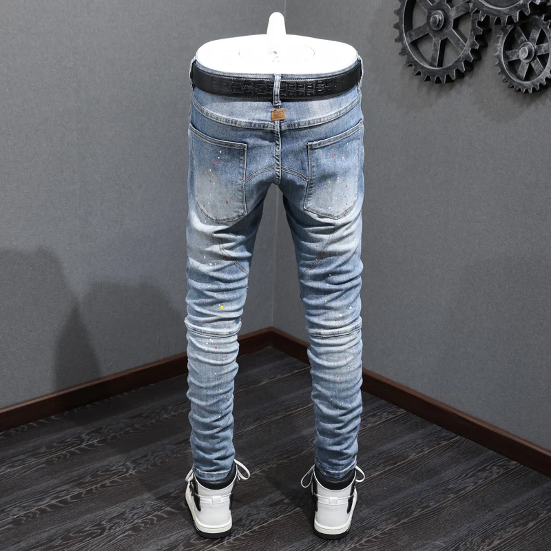 fashion new jeansY2K, painted zipper decoration, washed water, nostalgic stretch, slim fit, retro men's light blue jeans, high