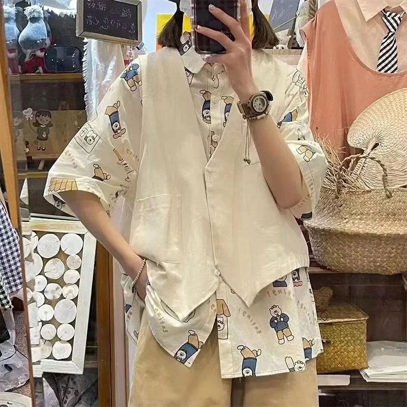 Casual Women's Set Spring Summer New Korean Loose Workwear Solid Color Vest+Printed Short Sleeved Shirt Two-piece Set for Women