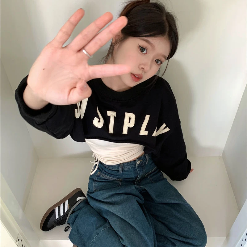 Letter Black Pullover Sweatshirt Women\'s Spring Summer Retro Female Crop Top Fashioon Streetwear Long Sleeve Oversized Hoodie