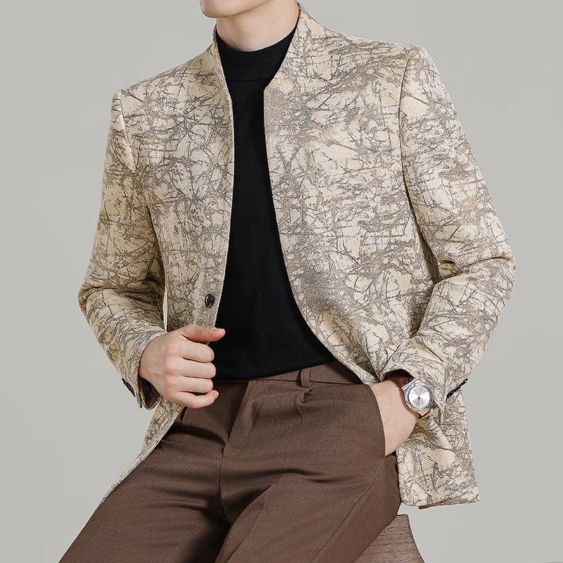 

Высококачественные модные жаккардовые мужские пиджаки с воротником-стойкой и двумя пуговицами, повседневные мужские пиджаки и пальто, приталенные формальные