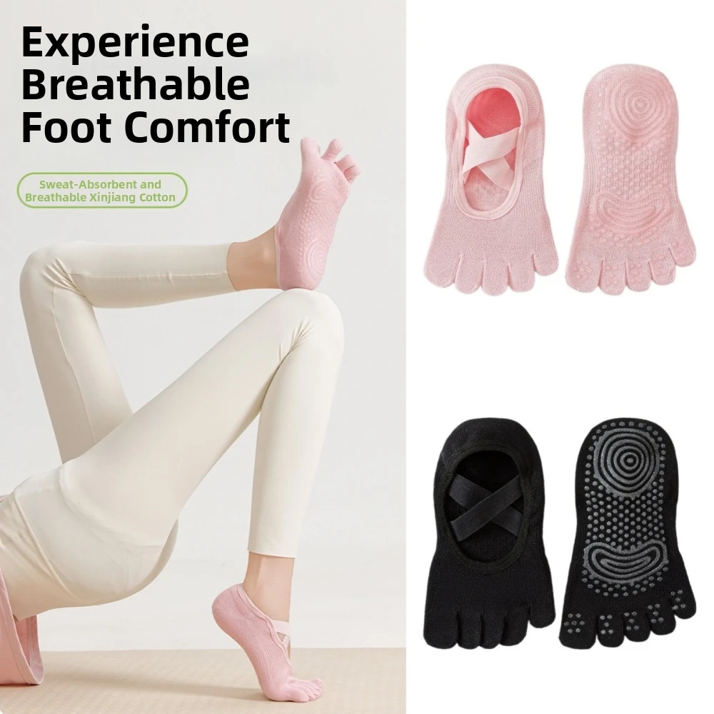 Cotton Women's Sports Yoga Socks Five Finger Anti-slip Five-toe Boat Socks Cross Strap Breathable Floor Toe Socks