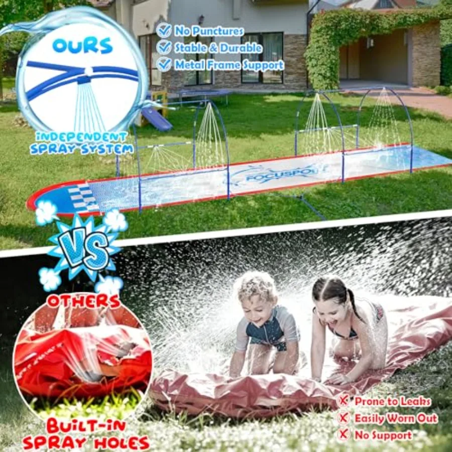 Backyard kids water slide: 23FT lawn slide with dual metal frame, blue color, independent sprinkler system, includes 2 bodyboar