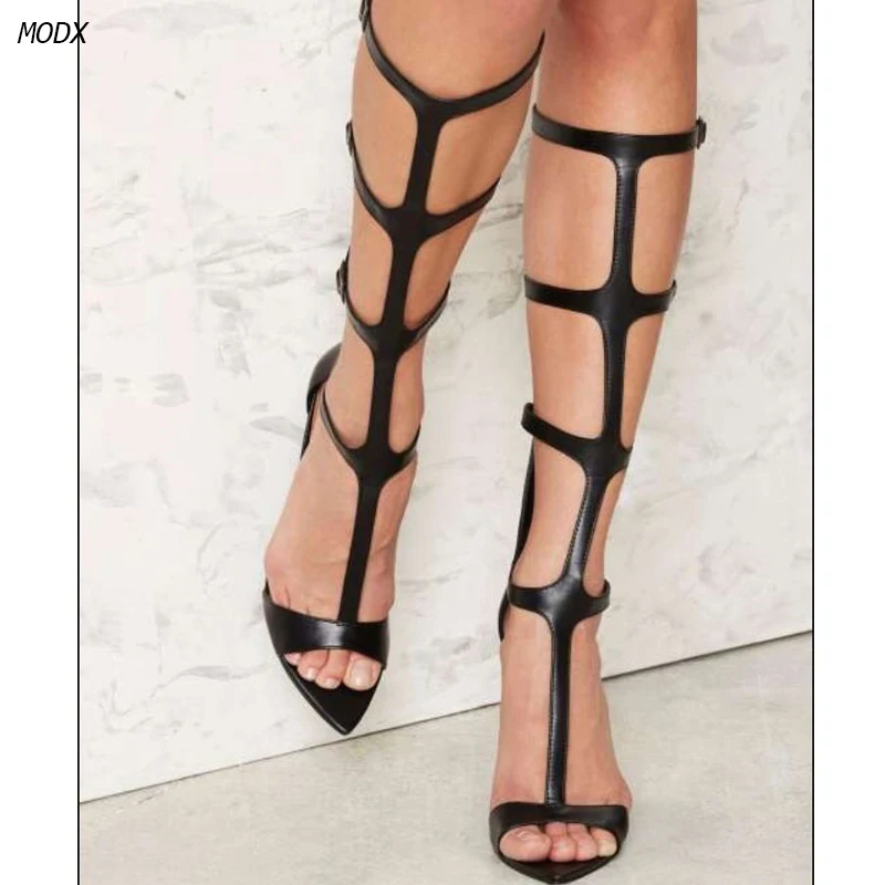 2026 Neue Damen Schwarze Gladiator High Heel Sandalen Spitze Zehe Dünne Absätze Multi-Riemen Kniehohe Schnallen-Partyschuhe Übergrößen 35-44