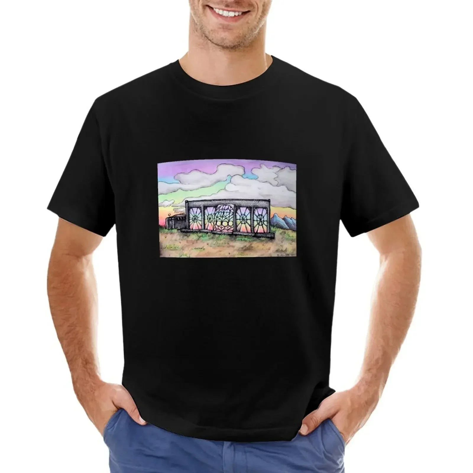 T-shirt vintage oversized t shirts for men & Earthship Rainbow Evening Sky Taos New Mexico Original Watercolor and Marker Art