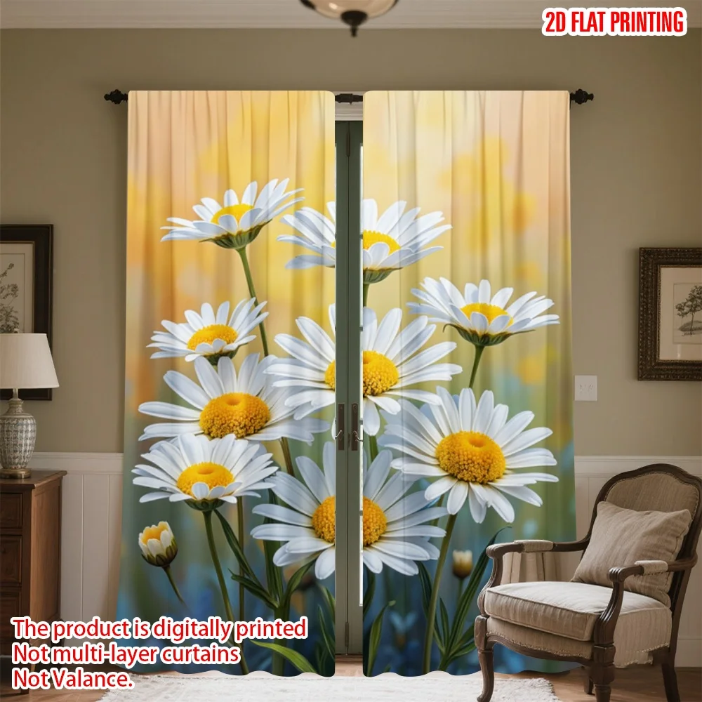 

2D flat printing 2pcs Party Window Curtains Spring Blooming Daisies Digital Printed Polyester Drapes Party Decorations Use for