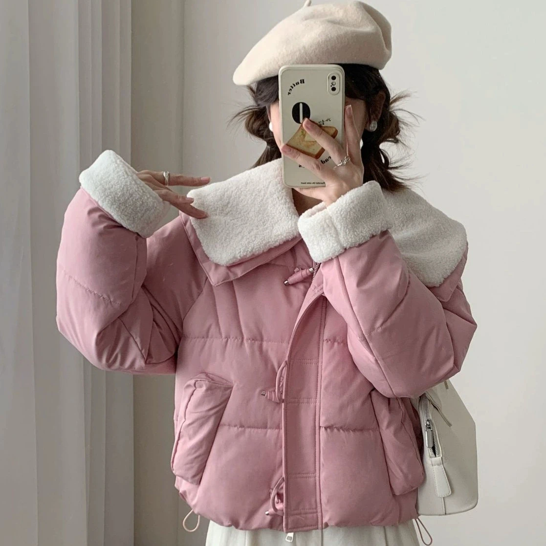 Fashion Short Padding Jacket Winter Women Cotton Coat Stand Collar Classic Solid Parkas Puff Jackets Casual Sweet All-Match Coat