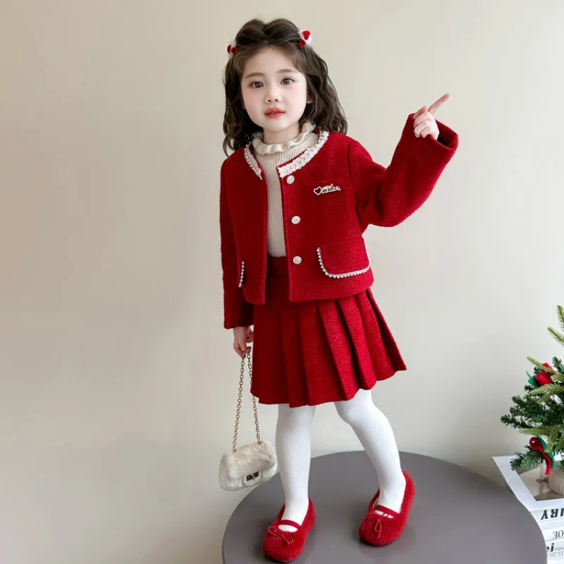 Girls Thickened High-end Small Fragrant Style New Year Set 2025 Autumn Winter New Children Stylish Pleated Skirt Two-piece Set