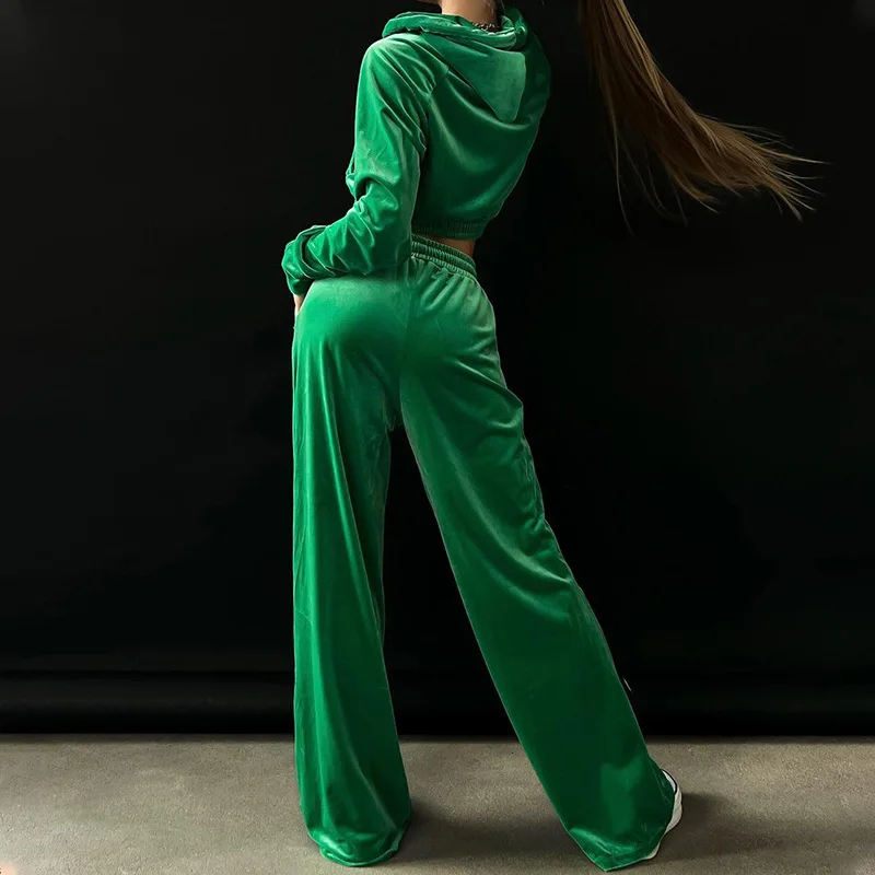 Women Long-Sleeve Zipper Hooded Jacket Drawstring High Waist Wide Leg Pants Suit 2023 Autumn Winter New Velvet Solid Loose Suit